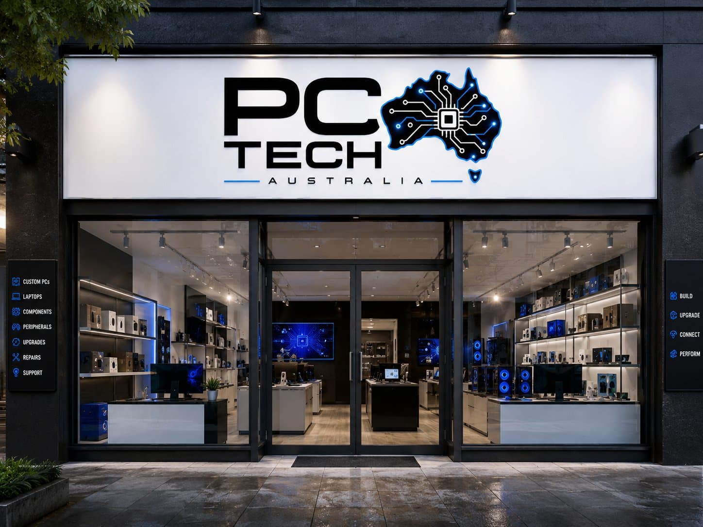 The PC Tech Australia storefront at dusk, its lit signage above a glass frontage with components and monitors on display inside